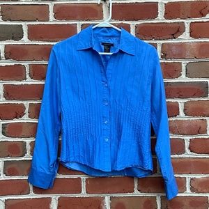 Anne Carson Blue 100% Silk Button Down Long Sleeve Blouse with Pleats